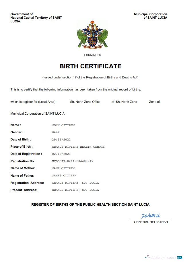 Download Saint Lucia birth certificate Word and PDF template Photoshop template